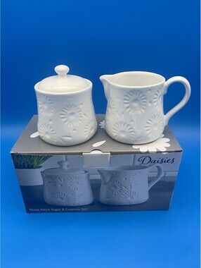 White Ceramic Daisies Pattern 3 Piece Sugar & Creamer Set - New in Box